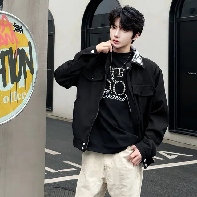 艾梵斯贝 美式复古工装潮流小众设计感蛇纹翻领潮酷个性街头无性别日常通勤百搭高街风痞帅暗黑高级感休闲夹克 男女同款