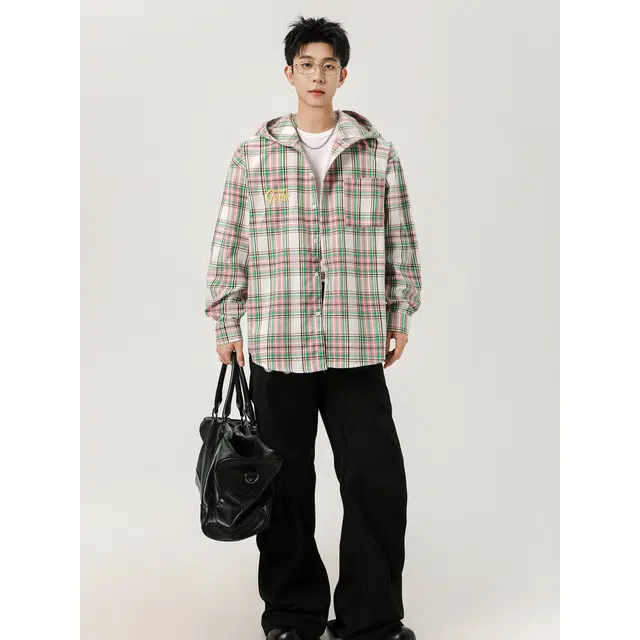 艾梵斯贝 美式复古潮流格纹撞色连帽开衫高级感简约设计款无性别主义法式慵懒风日常通勤百搭宽松休闲长袖衬衫 男女同款