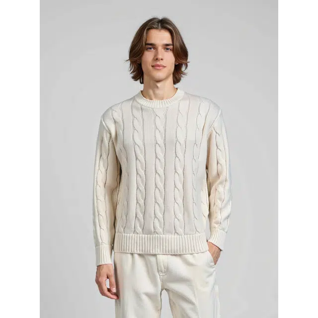 艾梵斯贝 美式复古学院风经典麻花纹高级感纯色柔软亲肤法式慵懒风日常通勤百搭简约内搭打底衫休闲商务质感轻奢圆领毛衣 男款