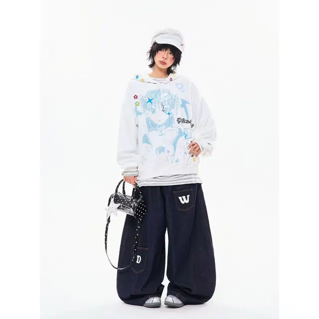 艾梵斯贝 卡通美式复古潮流动漫人物印花立体装饰小众设计感无性别主义甜酷风日常通勤百搭个性高街风可爱休闲连帽卫衣 男女同款