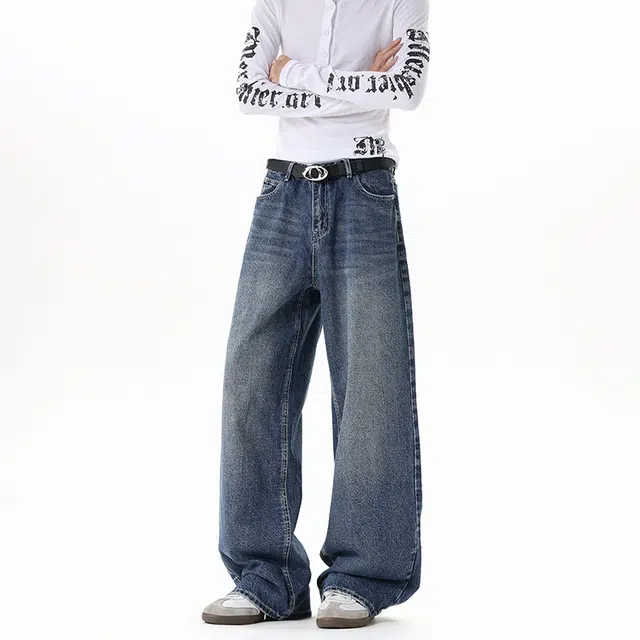 艾梵斯贝 美式复古潮流星星字母贴布刺绣小众设计款无性别主义高街风日常通勤百搭高级感宽松直筒拖地休闲牛仔裤 男女同款