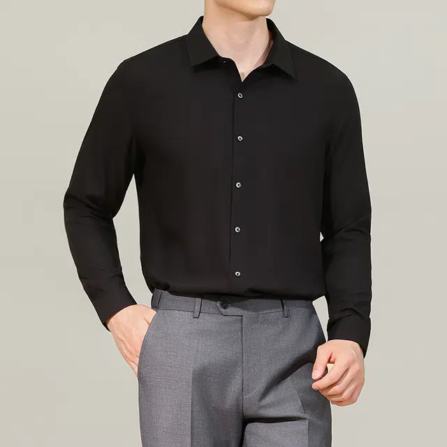 艾梵斯贝 高端轻奢高级感超细旦无痕暗纹抗皱简约韩版轻熟双排扣修身休闲商务正装气质高品质职场约会绅士长袖衬衣衬衫 男款