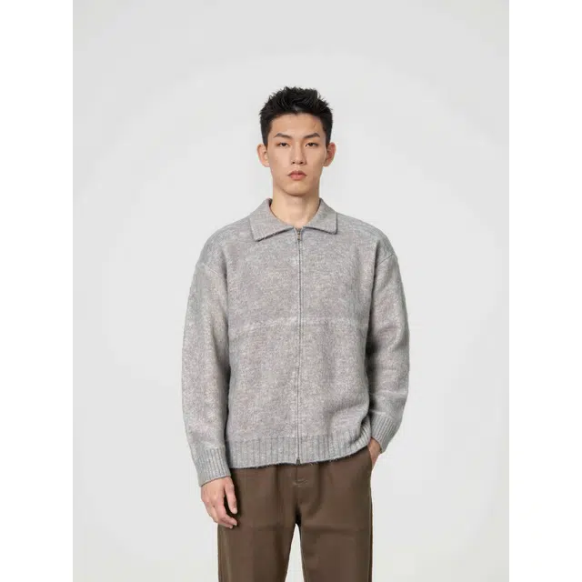 艾梵斯贝 港风简约拉链翻领设计高级感美式复古感青年时尚气质法师慵懒风柔软亲肤宽松休闲日常通勤百搭开衫毛衣 男款