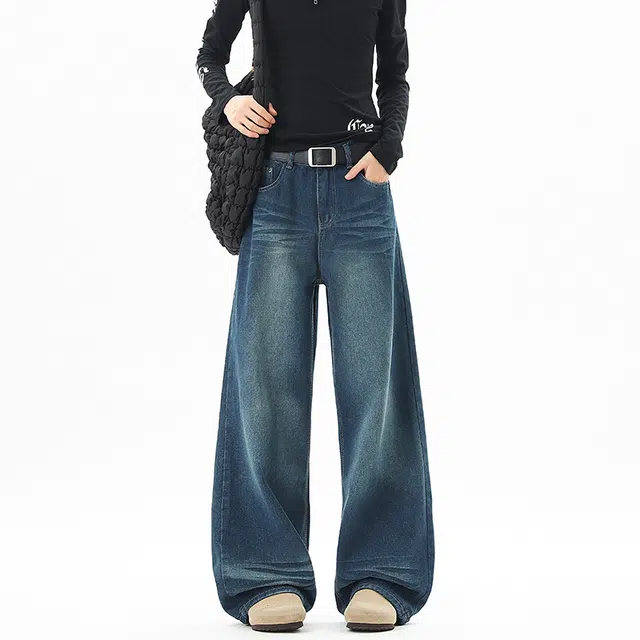 艾梵斯贝 美式复古潮流做旧水洗小众设计感无性别高级感日常通勤个性街舞潮酷高街风时尚街头宽松休闲微喇牛仔裤 男女同款