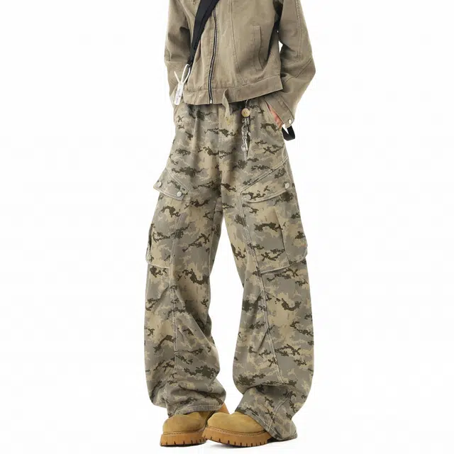 艾梵斯贝 美式复古潮流迷彩工装潮酷设计款无性别日常通勤百搭个性街头高街风潮牌宽松休闲时尚阔腿牛仔裤 男女同款