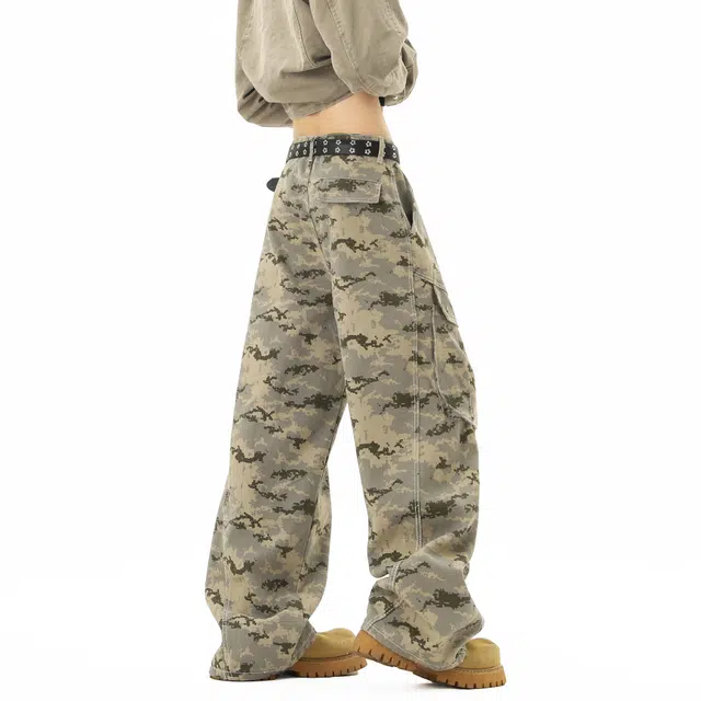 艾梵斯贝 美式复古潮流迷彩工装潮酷设计款无性别日常通勤百搭个性街头高街风潮牌宽松休闲时尚阔腿牛仔裤 男女同款