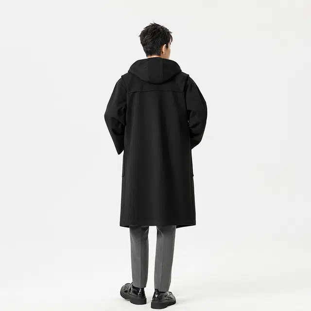 艾梵斯贝 品质轻奢高级感牛角扣长款过膝连帽宽松休闲商务简约时尚百搭气质无性别情侣毛呢大衣 男女同款