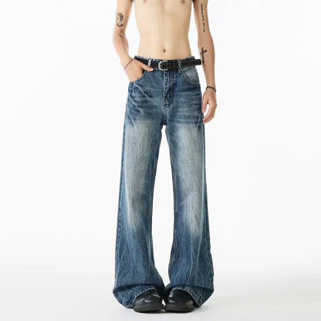 艾梵斯贝 美式复古潮流高街闪电爆裂纹潮酷设计款痞帅日常通勤百搭宽松休闲时尚个性街头高级感穿搭微喇牛仔裤 男款