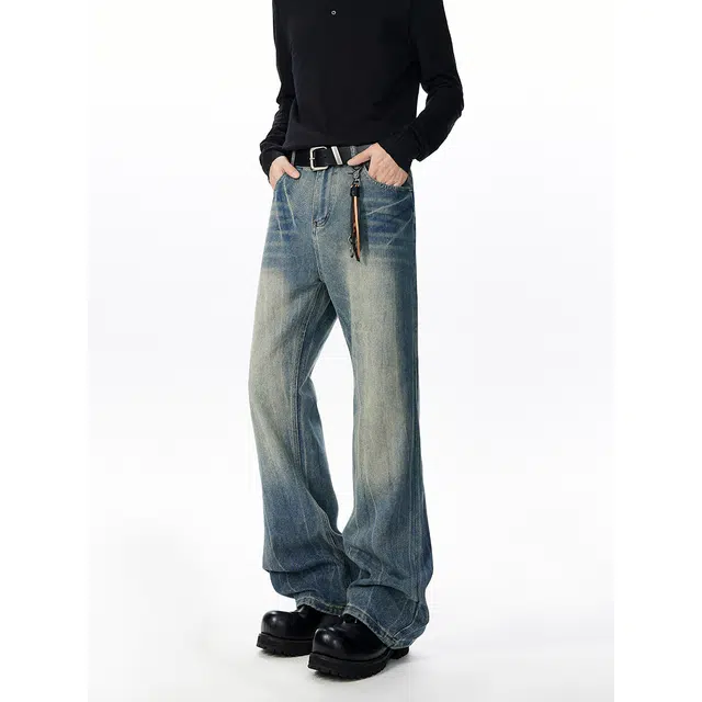 艾梵斯贝 美式复古潮流闪电纹扎花做旧水洗潮酷高级感无性别主义日常通勤百搭高街风宽松微喇显瘦休闲牛仔裤 男女同款