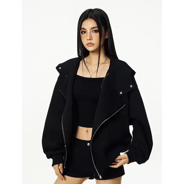 艾梵斯贝 美式复古潮流不规则解构拼接斜拉链简约设计款无性别日常通勤百搭宽松休闲时尚春秋高龄连帽情侣款卫衣 男女同款