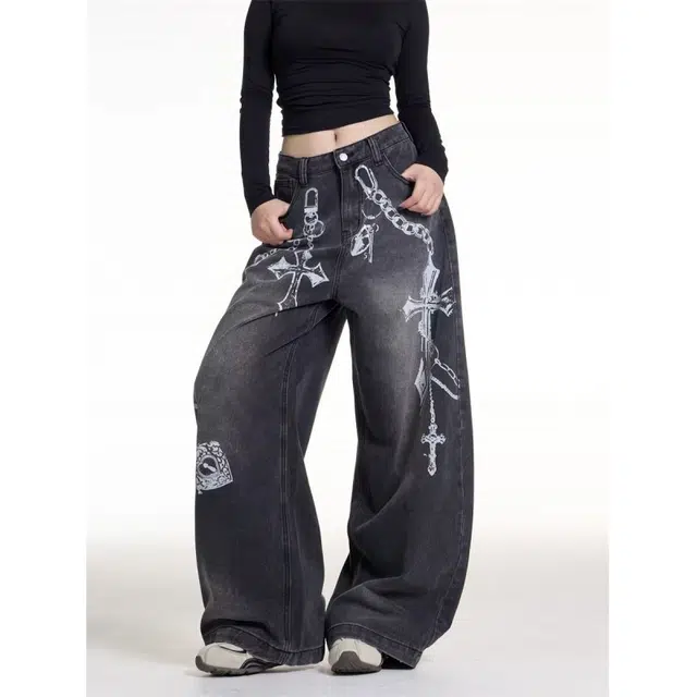 艾梵斯贝 美式复古潮流水洗链条印花小众设计款无性别日常通勤百搭宽松个性时尚高级感高街风垂感休闲牛仔裤 男女同款