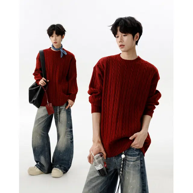 艾梵斯贝 美式复古潮流麻花纹慵懒风圆领打底衫线衣潮酷日常通勤百搭宽松休闲时尚高级感高街风情侣款针织衫 男女同款