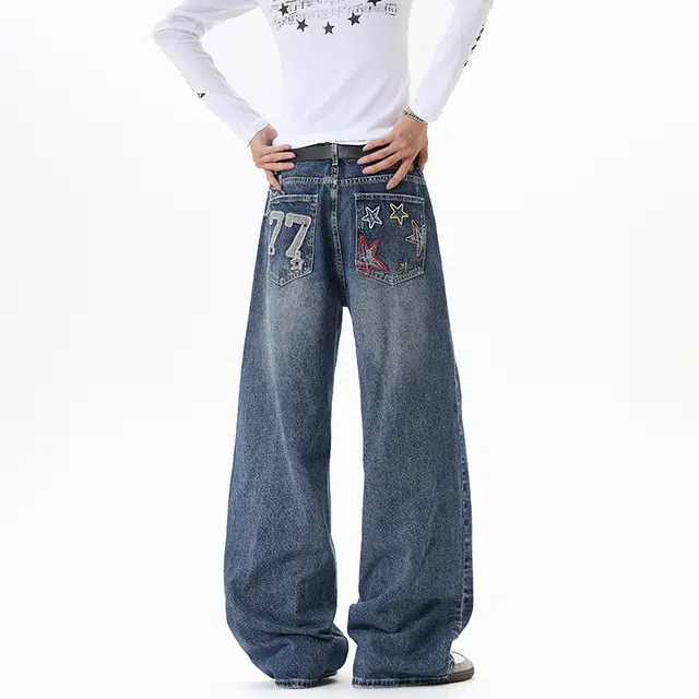 艾梵斯贝 美式复古潮流星星字母贴布刺绣小众设计款无性别主义高街风日常通勤百搭高级感宽松直筒拖地休闲牛仔裤 男女同款