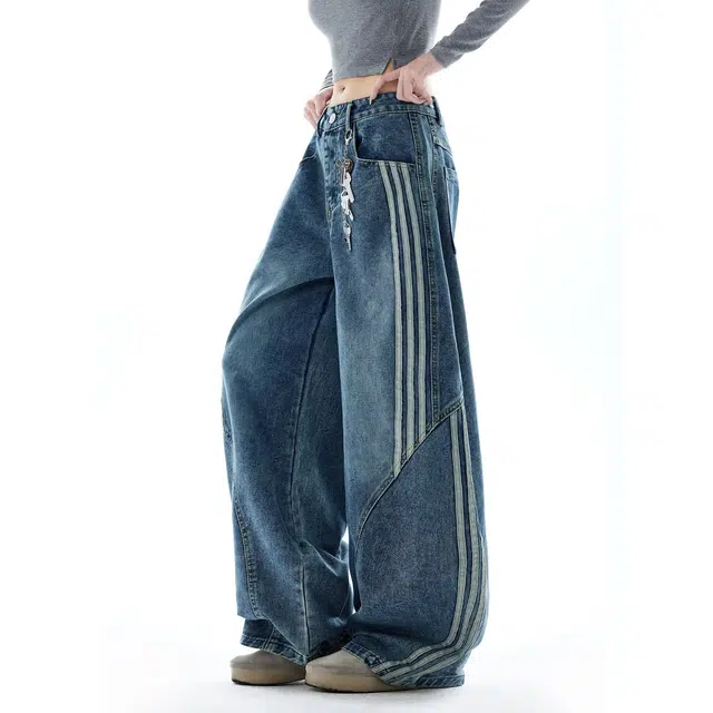 艾梵斯贝 美式复古潮流条纹拼接水洗解构弯刀裤小众设计款无性别主义潮酷街舞高级感高街风宽松休闲牛仔裤 男女同款