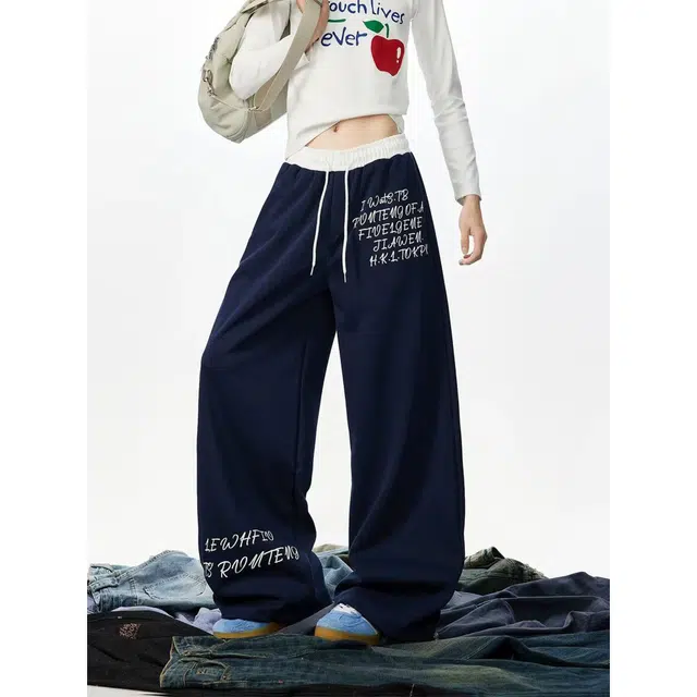 艾梵斯贝 美式复古潮流高级感字母印花撞色拼接小众设计感无性别主义潮酷街头街舞高街风日常通勤百搭宽松阔腿休闲裤 男女同款