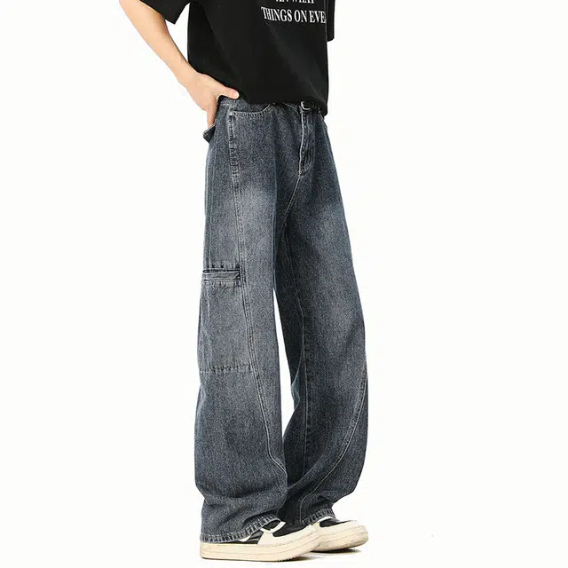 艾梵斯贝 美式复古潮流纯色明线装饰拼接水洗简约设计款无性别主义高街日常通勤百搭宽松舒适休闲直筒拖地牛仔裤 男女同款