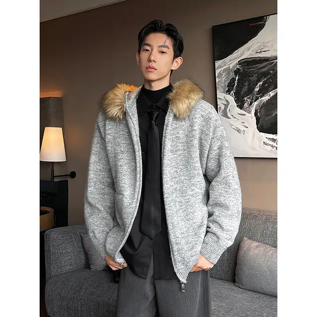 艾梵斯贝 美式复古潮流纯色毛领时尚港风高级感老钱风经典款日常通勤百搭宽松休闲无性别气质情侣款连帽开衫针织衫 男女同款