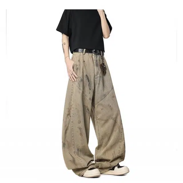 艾梵斯贝 美式复古潮流街头染脏小众设计款无性别高级感日常通勤百搭个性高街风潮牌弯刀牛仔裤 男女同款