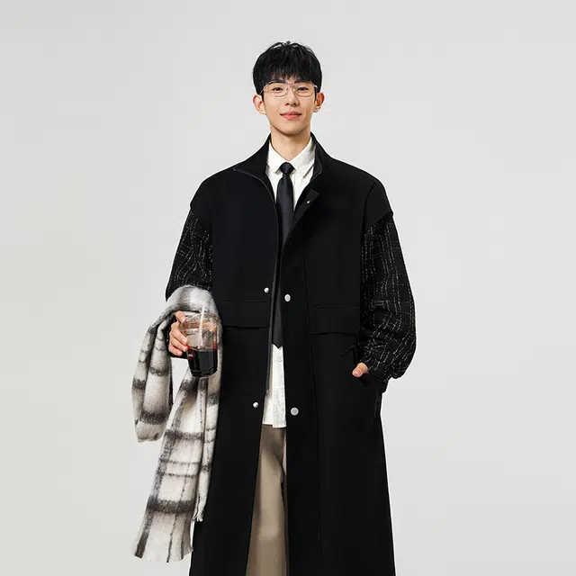 艾梵斯贝 轻奢高级感毛呢外套小香风设计感拼接袖宽松中长款潮流日常休闲商务百搭简约大气气质穿搭春秋大衣 男女同款