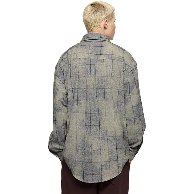 艾梵斯贝 美式复古潮流蜡染格纹小众设计款日常通勤百搭高级感正式职场休闲商务质感美学潮牌长袖衬衣衬衫 男款