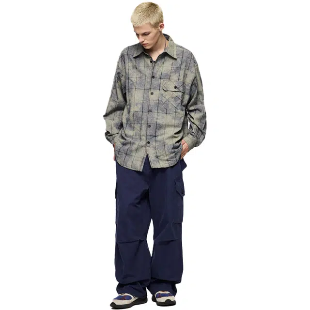 艾梵斯贝 美式复古潮流蜡染格纹小众设计款日常通勤百搭高级感正式职场休闲商务质感美学潮牌长袖衬衣衬衫 男款