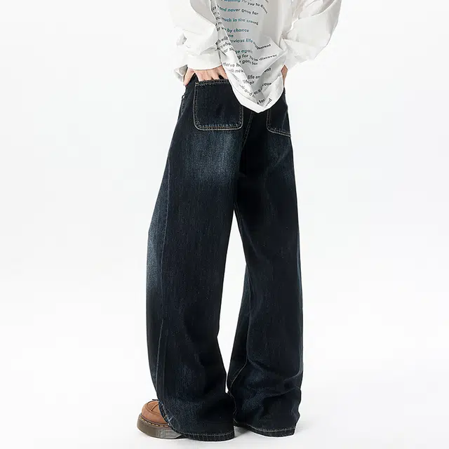 艾梵斯贝 美式复古潮流做旧水洗简约设计感无性别主义高街风日常通勤百搭宽松舒适休闲直筒牛仔裤 男女同款