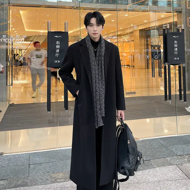 艾梵斯贝 高品质轻奢御寒保暖时尚简约纯色垂感高个子加长款休闲商务绅士日常通勒百搭英伦风单排扣西装领过膝情侣款大衣 男女同款