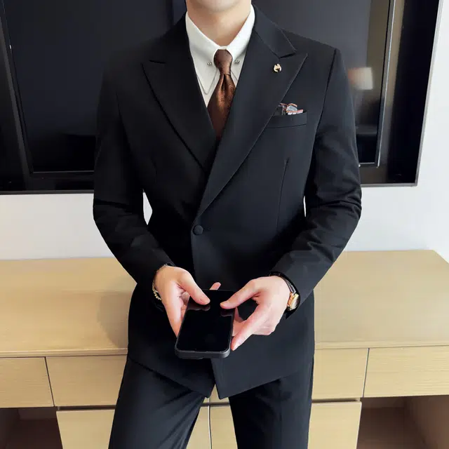 艾梵斯贝 高端轻奢纯色简约韩版轻熟一粒扣高级感修身休闲商务正装婚服礼服气质高品质职场约会绅士三件套西装套装 男款