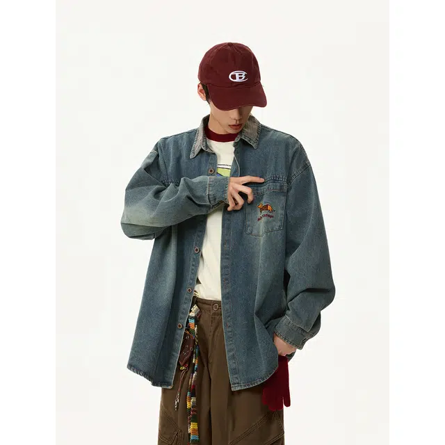 艾梵斯贝 美式复古潮流腊肠狗刺绣拼接水洗翻领小众设计款无性别日常通勤百搭宽松休闲时尚高级感衬衫牛仔外套 男女同款