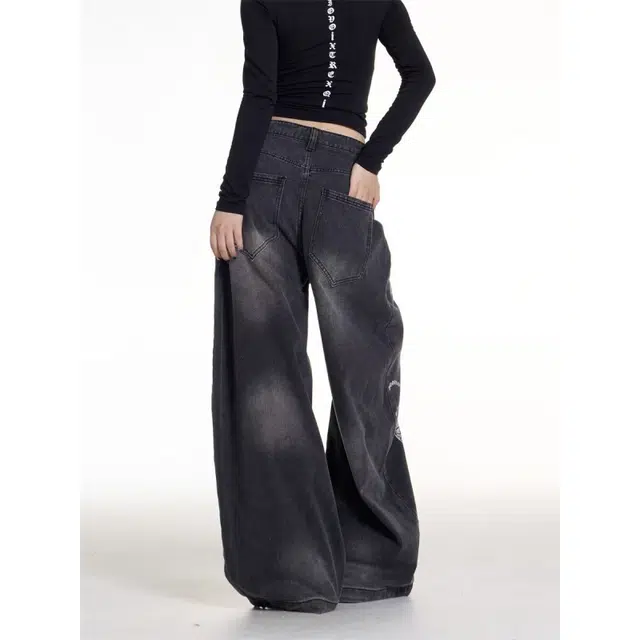 艾梵斯贝 美式复古潮流水洗链条印花小众设计款无性别日常通勤百搭宽松个性时尚高级感高街风垂感休闲牛仔裤 男女同款