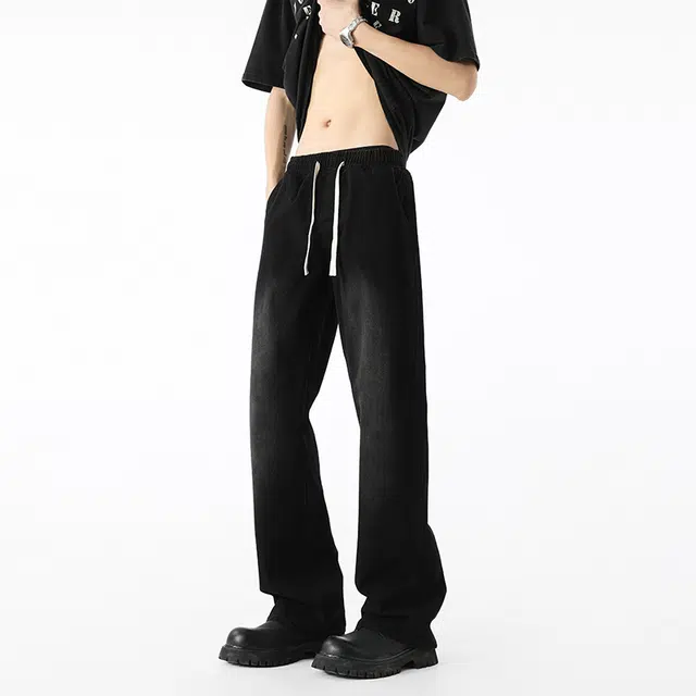 艾梵斯贝 美式复古潮流做旧水洗设计感拉链无性别高级感日常通勤百搭高街风个性时尚休闲宽松微喇牛仔裤 男女同款