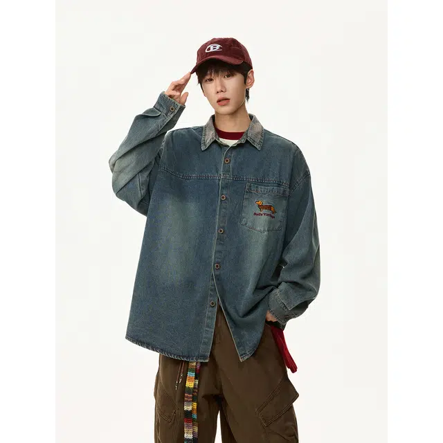 艾梵斯贝 美式复古潮流腊肠狗刺绣拼接水洗翻领小众设计款无性别日常通勤百搭宽松休闲时尚高级感衬衫牛仔外套 男女同款