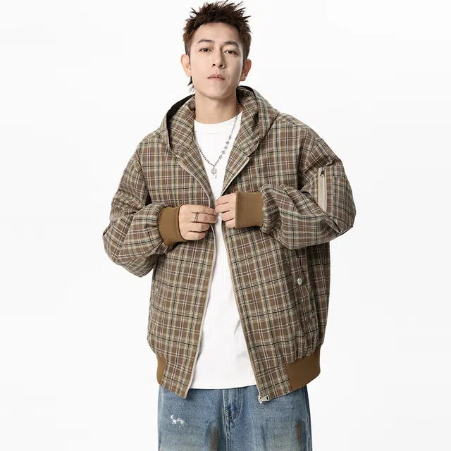 艾梵斯贝 美式复古潮流格纹中古简约设计款日常通勤百搭潮酷高级感宽松休闲时尚工装风连帽开衫夹克 男款