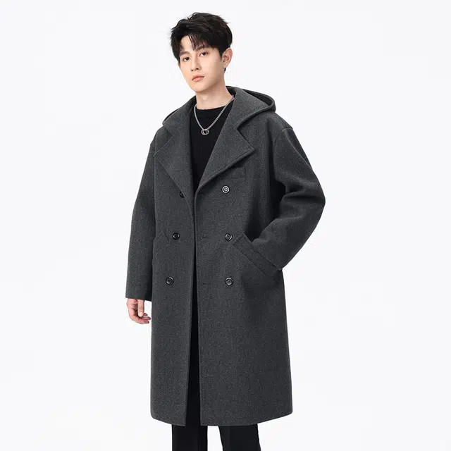 艾梵斯贝 高品质轻奢御寒时尚简约纯色休闲商务绅士日常通勒百搭英伦风单排扣过膝中长款连帽情侣款大衣 男女同款