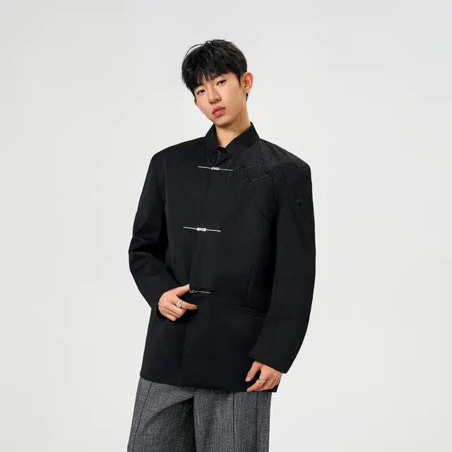 艾梵斯贝 新中式简约小众设计款荆棘立体刺绣高级感轻奢宽松休闲商务气质日常百搭个性街头潮流立领中山装西装 男款
