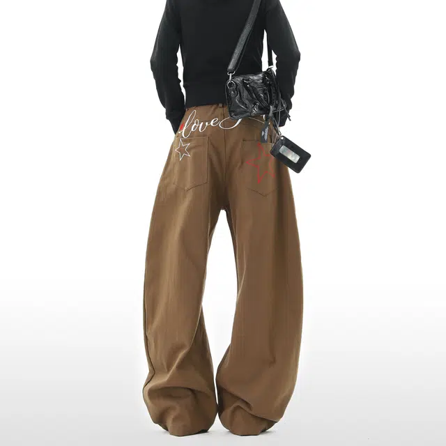 艾梵斯贝 美式复古潮流水洗星星字母刺绣小众设计款无性别日常通勤百搭个性街舞时尚街头高街风宽松休闲弯刀工装牛仔裤 男女同款