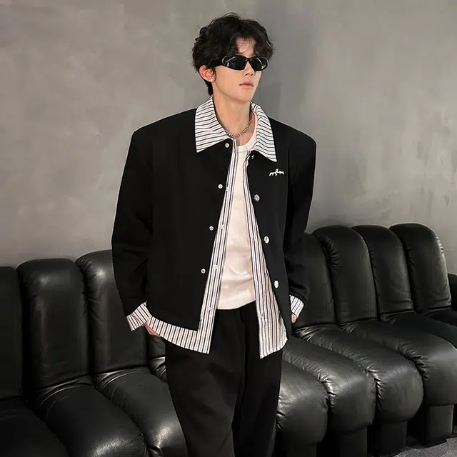 艾梵斯贝 美式复古潮流垫肩假两件条纹金属扣小众设计款无性别日常通勤百搭宽松休闲时尚高级感潮酷个性街头高街风夹克 男款