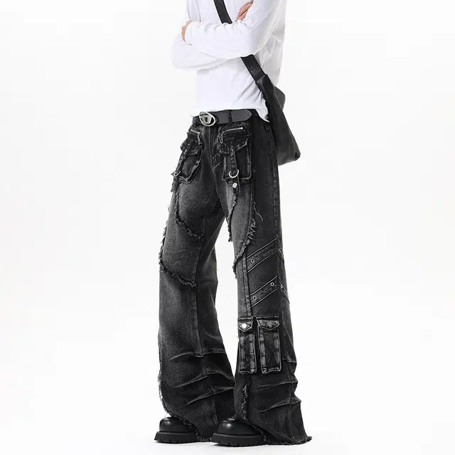 艾梵斯贝 美式复古潮流个性解构拼接水洗褶皱重工小众设计款无性别潮酷高街风日常休闲百搭宽松直筒牛仔裤 男女同款