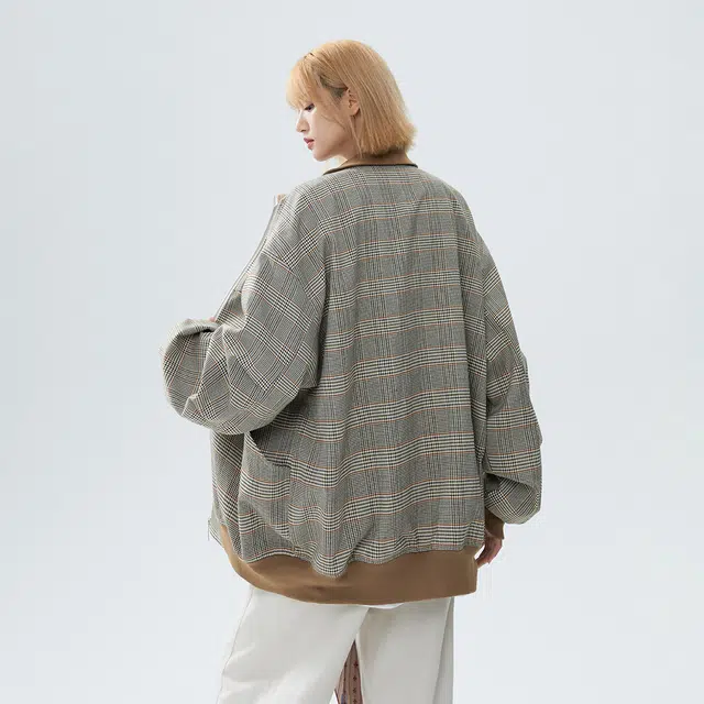 艾梵斯贝 美式复古潮流立领威尔士亲王格翻领拼接设计款无性别日常休闲时尚百搭高级感潮牌情侣款夹克 男女同款
