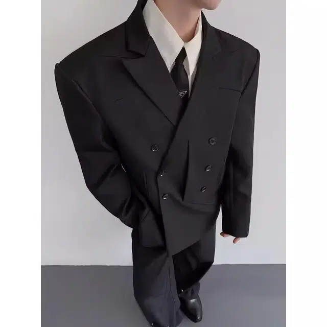 艾梵斯贝 美式复古潮流轻奢设计感小众解构拼接双排扣垫肩宽肩窄腰韩版时尚修身休闲商务男模高级感百搭西装 男款