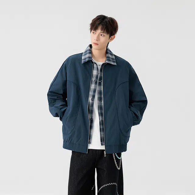 艾梵斯贝 美式复古潮流假两件翻领拼接解构格纹设计款韩系无性别日常休闲时尚百搭高街风潮酷气质春秋情侣款夹克 男女同款