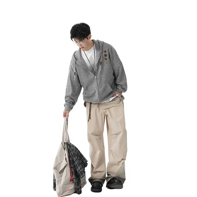 艾梵斯贝 美式复古潮流纯色纽扣针织连帽小众设计感无性别主义法式慵懒风日常通勤百搭宽松舒适休闲开衫卫衣 男女同款