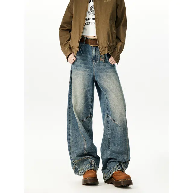 艾梵斯贝 美式复古潮流做旧水洗解构拼接弯刀裤小众设计感无性别潮酷时尚街头日常通勤百搭高街风个性休闲牛仔裤 男女同款