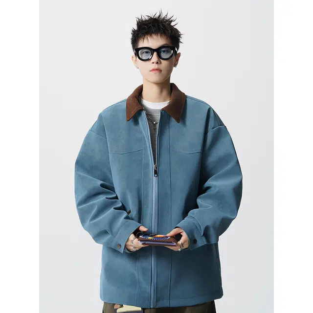 艾梵斯贝 美式复古潮流巴恩风撞色翻领拼接皮衣简约设计款无性别日常通勤百搭宽松休闲舒适高级感高级风个性街头夹克 男女同款