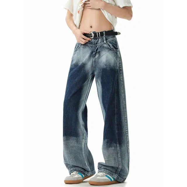 艾梵斯贝 美式复古潮流高级感做旧水洗解构拼接潮酷无性别高街风简约时尚百搭个性街头宽松休闲牛仔裤 男女同款