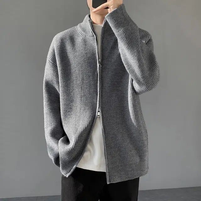 艾梵斯贝 美式复古潮酷简约纯色针织开衫无性别高级感日常通勤百搭老钱风休闲商务气质立领双拉链毛衣 男女同款