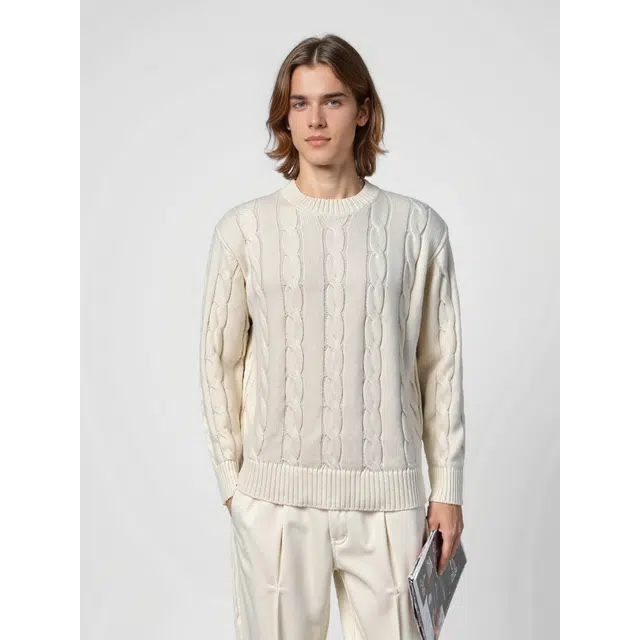 艾梵斯贝 美式复古学院风经典麻花纹高级感纯色柔软亲肤法式慵懒风日常通勤百搭简约内搭打底衫休闲商务质感轻奢圆领毛衣 男款