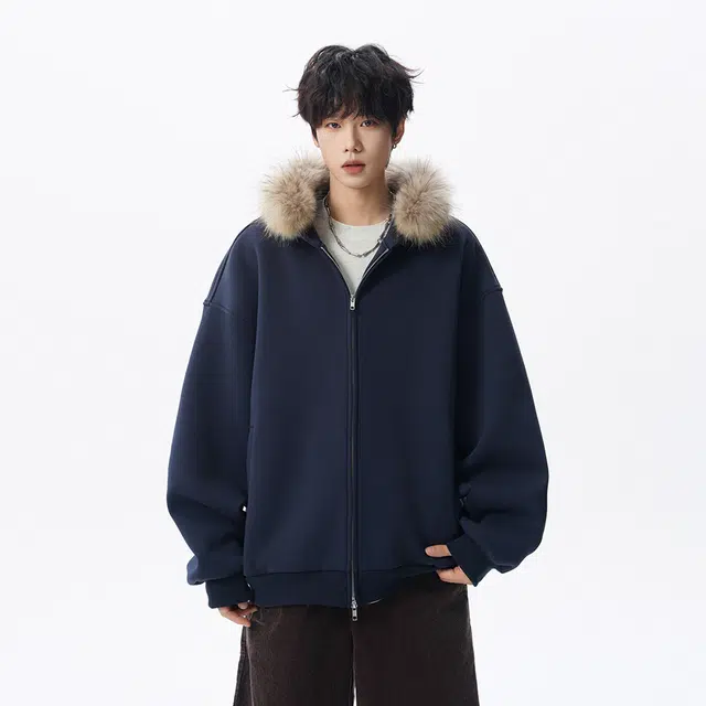 艾梵斯贝 美式复古潮流重磅简约设计连帽拉链开衫毛领学院风时尚宽松休闲日常通勤百搭高街潮酷慵懒风座山雕高级感卫衣 男女同款