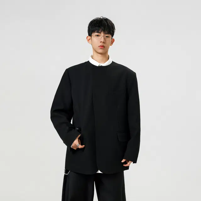 艾梵斯贝 新中式圆领简约设计款高级感日常通勤百搭宽松休闲商务气质轻奢潮流后中开衩西装 男款