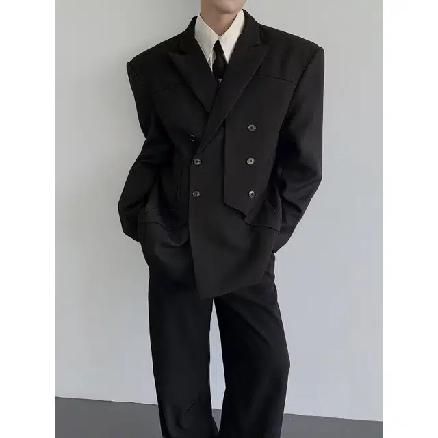 艾梵斯贝 美式复古潮流轻奢设计感小众解构拼接双排扣垫肩宽肩窄腰韩版时尚修身休闲商务男模高级感百搭西装 男款